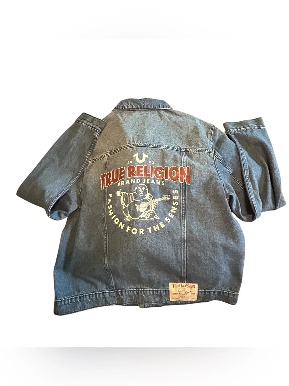 True Religion Medium Blue Denim Trucker Jacket with Red Stitching